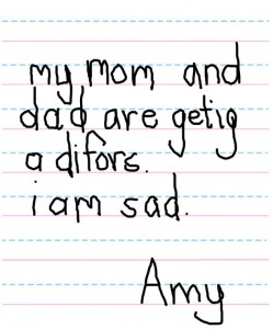 hand writen note by child about her feelings when parents divorce